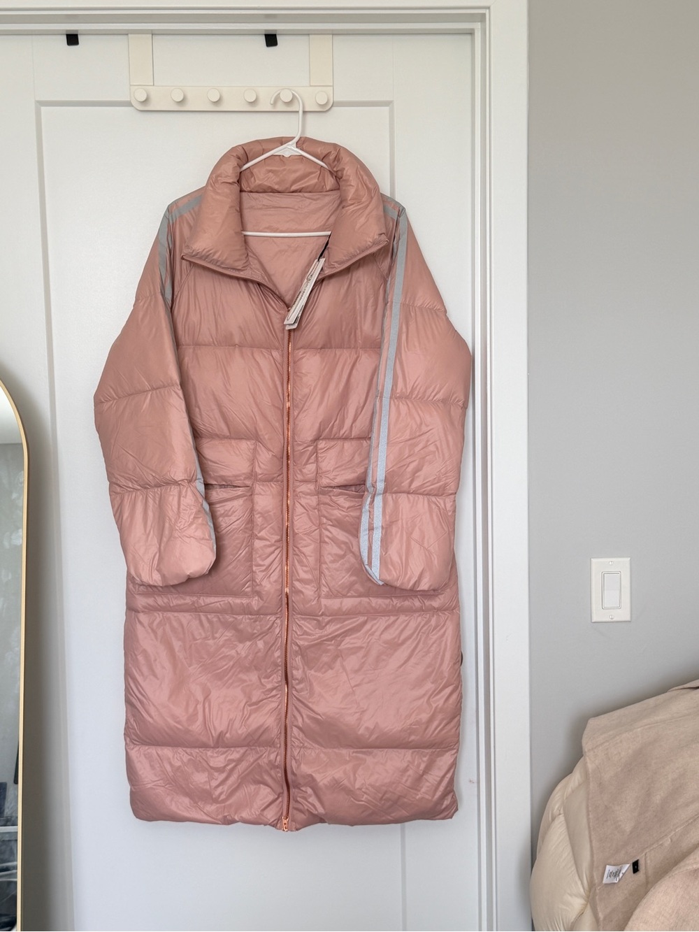 Long Quilted Puffer Coat in Rose Blush